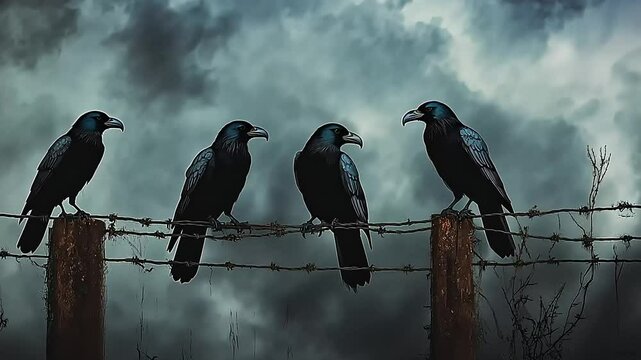 Four crows perched on a barbed wire fence against a dramatic cloudy sky, creating a moody atmosphere