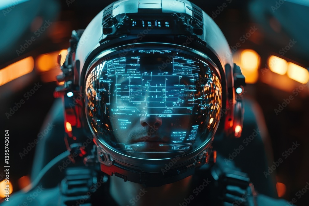 Aufkleber astronaut pilot working on spacecraft with advanced digital display and helmet technology