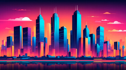 Obraz premium Vibrant city skyline at sunset showcasing colorful skyscrapers and clouds Generative AI