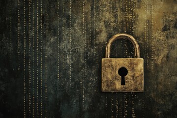 A locked digital padlock with binary code flowing in the background