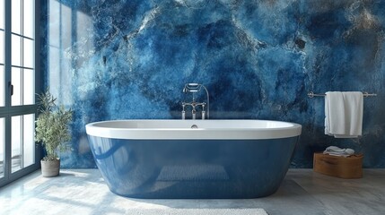 Blue bathtub in modern bathroom, sunlit window, marble wall