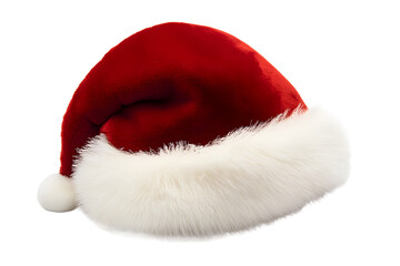 Red Santa hat with plush white fur trim for a festive and minimalist Christmas composition on a white background