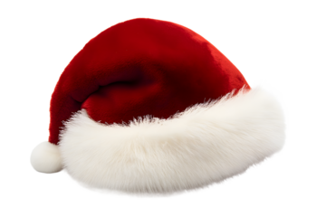 Red Santa hat with plush white fur trim for a festive and minimalist Christmas composition on a white background