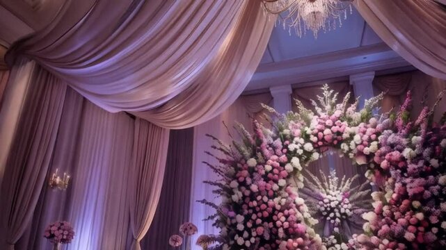 A large ester flower display at the center of a ballroom, with elegant drapery and soft ambient lighting enveloping the space in a dreamy, cinematic atmosphere.
