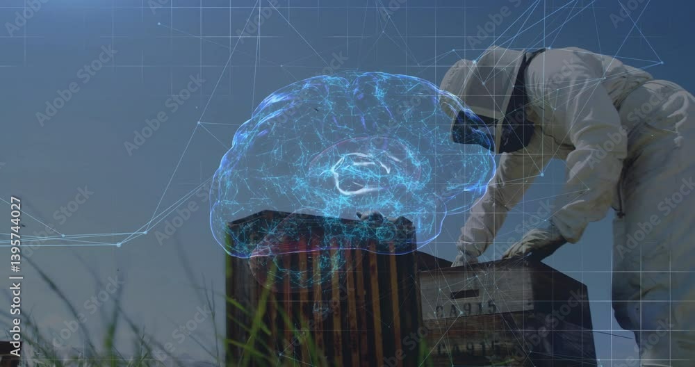 Poster tending hive, beekeeper using animation of digital brain and network connections