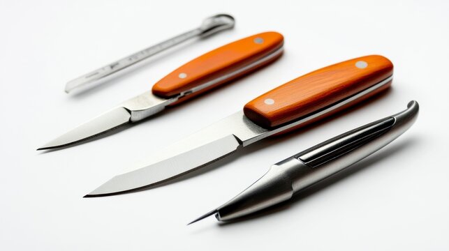 Three small pocket knives with orange handles and a small metal tool, arranged on a white background.