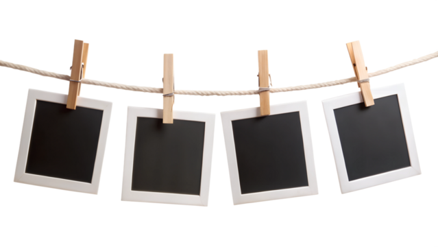 four blank instant photo frames hanging on a rope