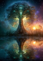 Un árbol cósmico se refleja en un lago brillante, rodeado de nebulosas y estrellas, creando una escena de fantasía etérea.