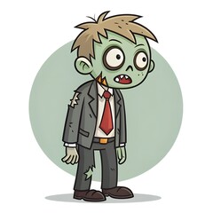 Cartoon-like zombie character wearing a torn business suit with a red tie.