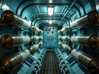 Underwater exploration equipment inside a submarine featuring torpedoes and control panels in strategic arrangement
