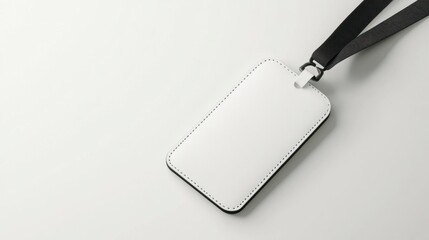 Fototapeta premium Blank white leather ID card holder with black lanyard on white background.