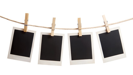 four blank instant photo frames hanging on a rope