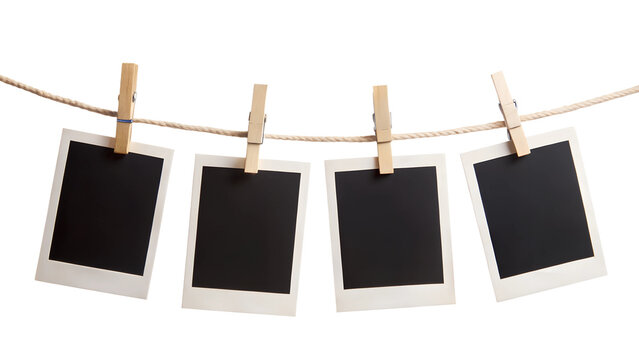 four blank instant photo frames hanging on a rope