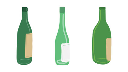 Set of Minimalist Glass Empty Green Wine Bottles. Beer Bottles isolated on white background. Concept of Packaging, Alcohol Beverage Icon, Minimalist Design, Elegant Drink, Graphic Element for Print