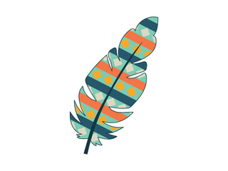 Colorful Geometric Feather Illustration on isolated White Background. Concept of Tribal Art, Boho, Bird Feather, Ethnic Pattern, Creative Design Element, Vibrant Decoration, Artistic Graphic