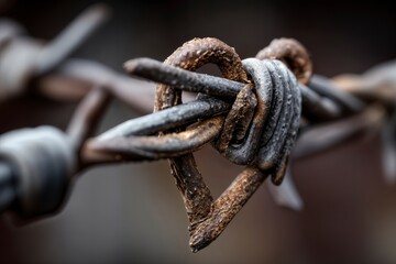 Alambre de púas oxidado con forma de corazón. Primer plano con fondo oscuro.