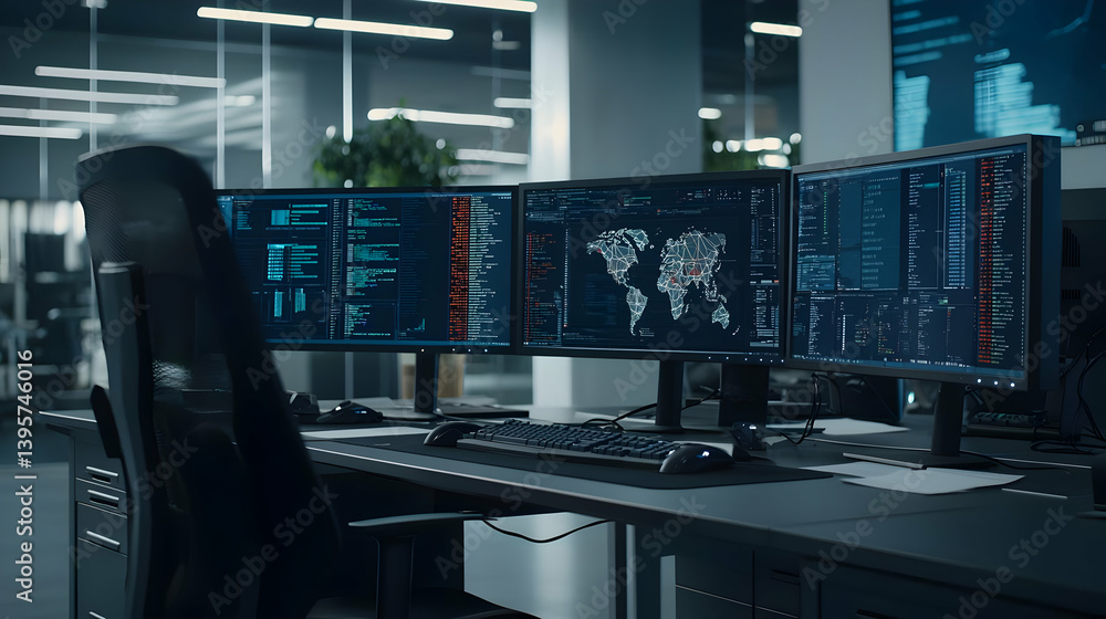 Poster modern control room with multiple computer screens and data visualizations