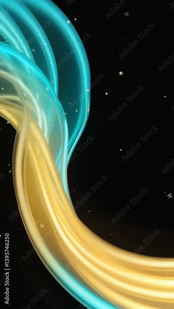 Poster  over interlacing colorful wave lines dotted with glittering particles, twisting and reflecting 