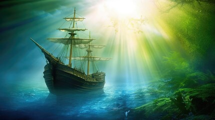 Ship Sailing Serene Waters Against Forest Coastline Shrouded in Light