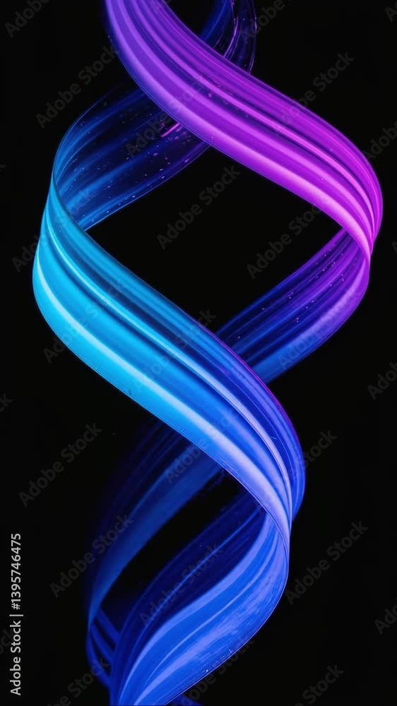 Poster  over interlacing colorful wave lines dotted with glittering particles, twisting and reflecting 