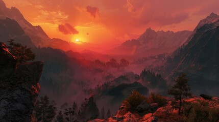 A dramatic sunset over a range of rugged mountain peaks