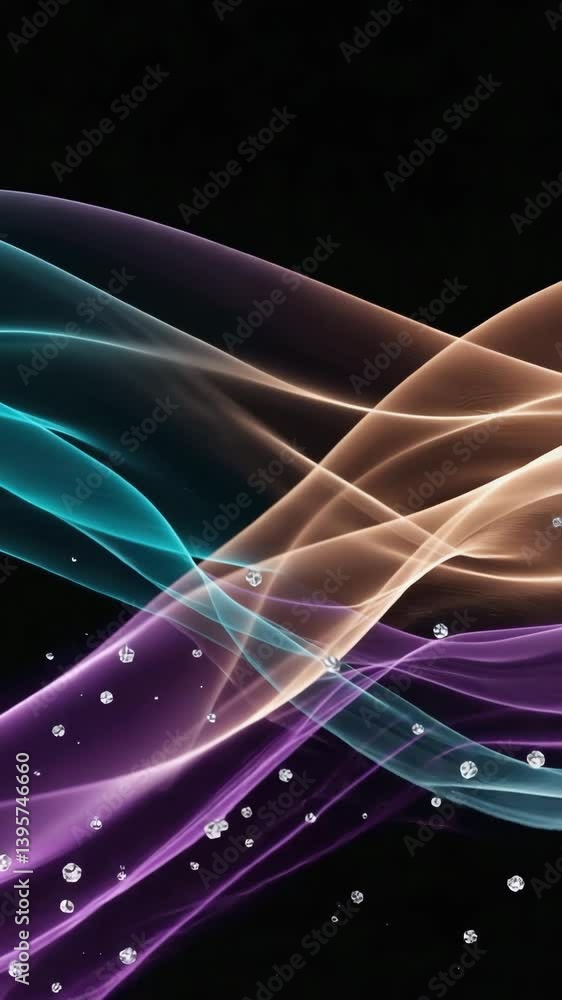 Poster  over interlacing colorful wave lines dotted with glittering particles, twisting and reflecting 