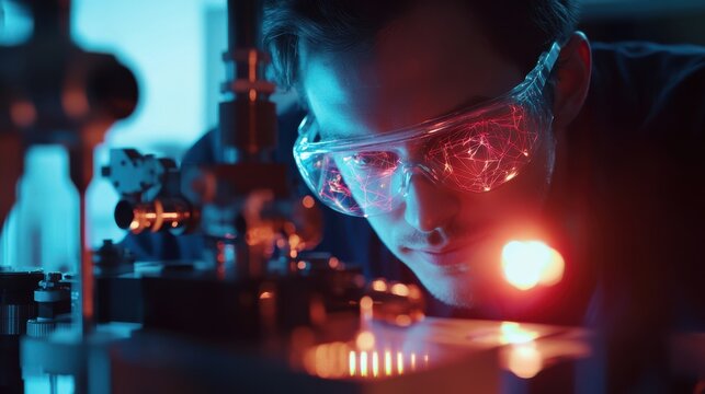 Scientist working on glowing holographic quantum system