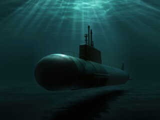 Submarine gliding silently through deep ocean waters illuminated by shafts of sunlight