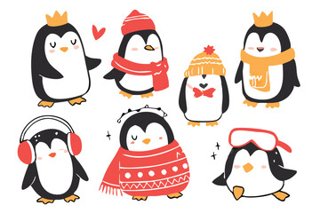 Cute Christmas Penguins Clipart – Winter Holiday Animals in Hats and Scarves with Snowflakes, Festive Cartoon Illustration for Kids Cards and Seasonal Designs.