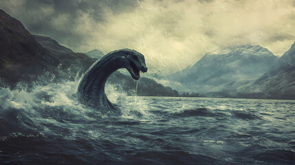 Fototapeta premium The legendary loch ness monster, the famed lake monster of loch ness in scotland, rears out of the waters of the lake. mysterious landscapes and legendary monsters. Fabled Waters. Illustration