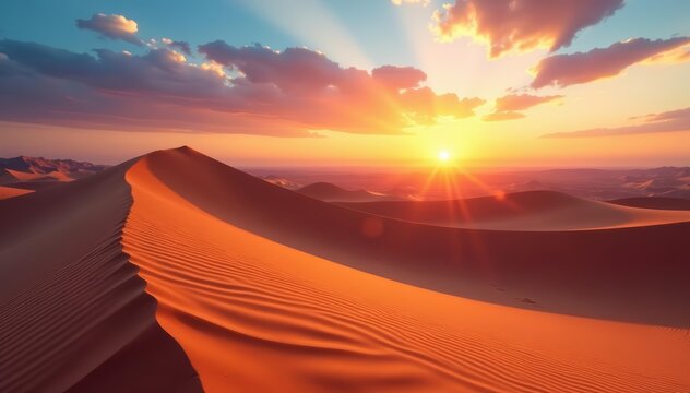Panoramic view of rippled sand dunes at sunset in a peaceful desert landscape, horizon, scenic, nature