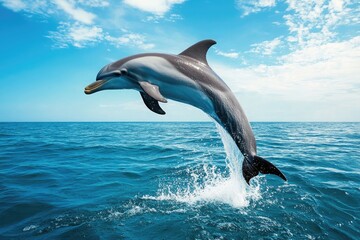 Fototapeta premium A dolphin leaping out of the ocean water with a blue sky and clouds in the background on a sunny day