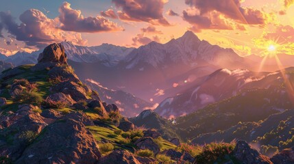 Breathtaking Sunset Over Mountains and Valley in Golden Light