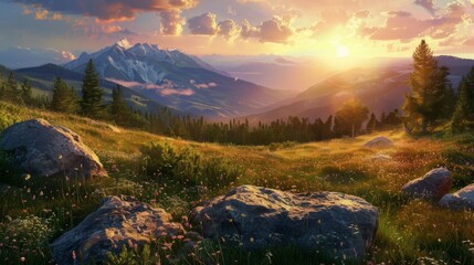 Breathtaking Sunset Over Mountains and Valley in Golden Light