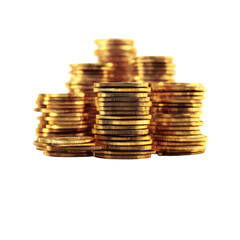 Elevated stacks of golden dollar coins, isolated against a black backdrop, suggesting wealth and prosperity.