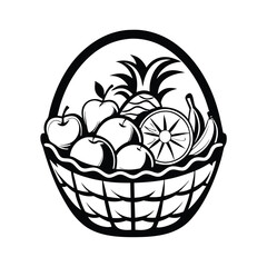 Black Outline Drawing Wicker Basket Full of Apples, Pineapple, Orange, Banana Fruits