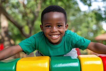 A smiling African child boy in a green t-shirt climbing a playground wall with confidence and enthusiasm.