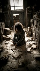 Una figura sentada en un espacio desordenado, rodeada de papeles, con una luz tenue que entra por una ventana.