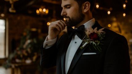 Obraz premium Close-up of a groom adjusting his black silk bow tie, elegantly dressed in a classic tuxedo with a floral boutonniere