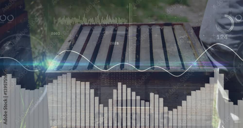 Poster animating bar graph and waveform over wooden box outside in natural light