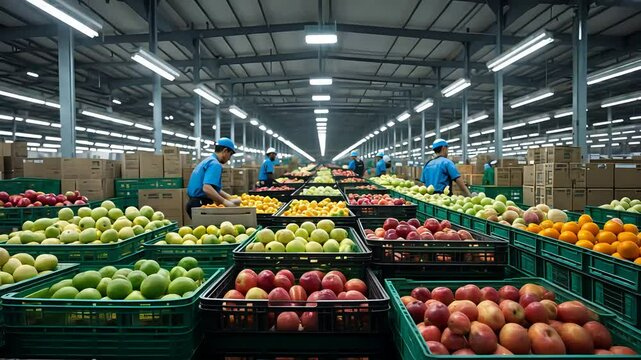 Fruit sorting facility with workers organizing apples and citrus in plastic crates under bright industrial lights inside large warehouse interior

