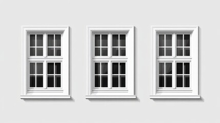 Obraz premium Three classic white windows on a light gray wall.