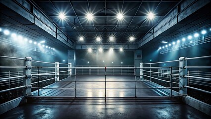 Empty Boxing Ring, Dim Lights, Double Exposure, Copy Space - Stock Photo