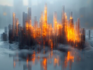 Futuristic cityscape with glowing data visualization