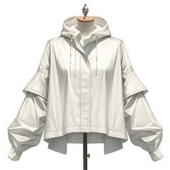 Stylish windbreaker jacket displayed on mannequin studio setting fashion photography modern aesthetic