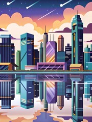 A city skyline with a reflection of the buildings in the water