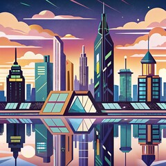 A city skyline with a reflection of the buildings in the water
