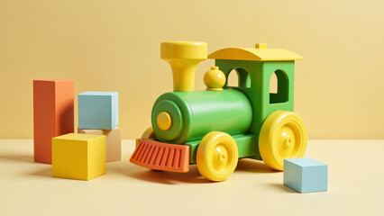 Vintage toy train engine on beige surface with colorful blocks, nostalgia