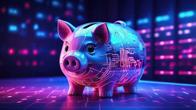 A glowing, digital-style piggy bank with binary code patterns on its surface - Powered by Adobe