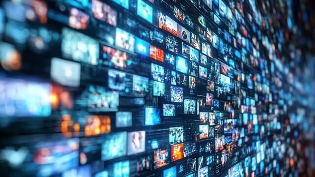 A mesmerizing array of digital screens illuminates the room, showcasing an eclectic mix of visual content during an evening event filled with creativity and technology